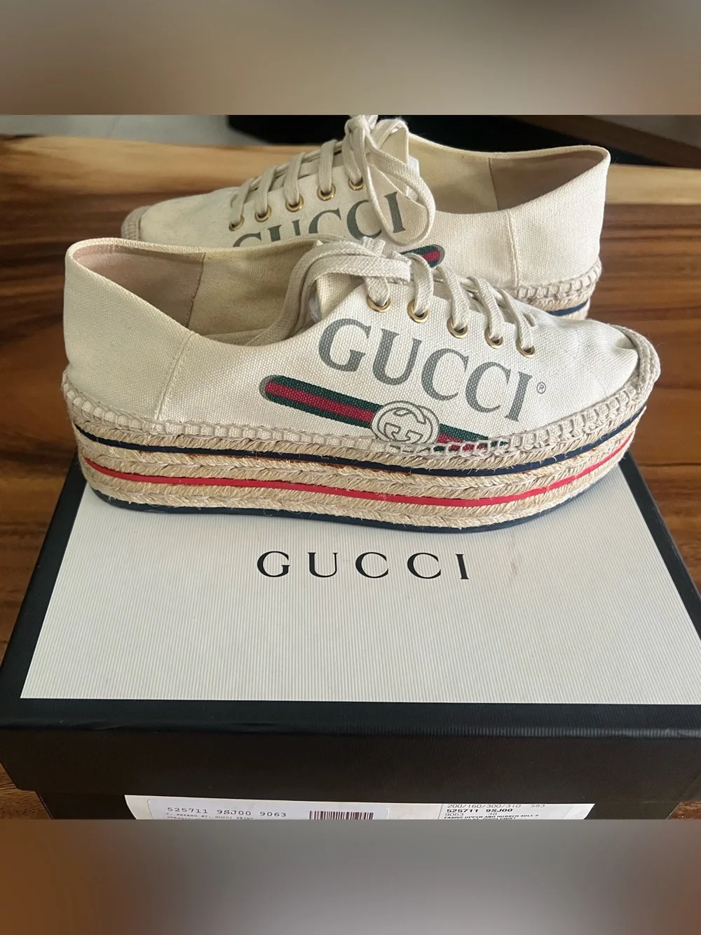 Gucci Cream Canvas Platform Espadrille Sneakers with Red & Green Stripe